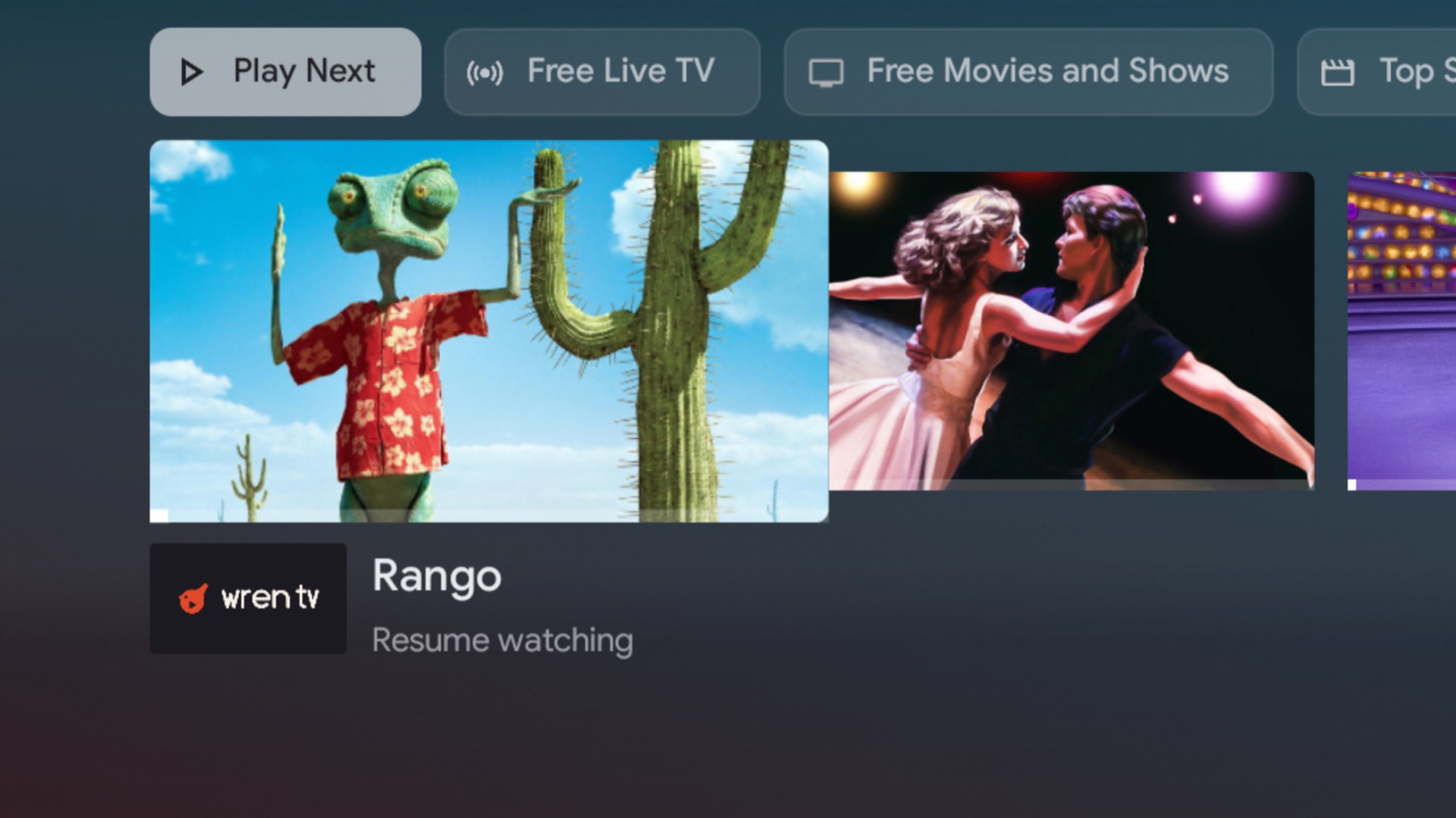 Wren TV titles in Google TV's Play Next row
